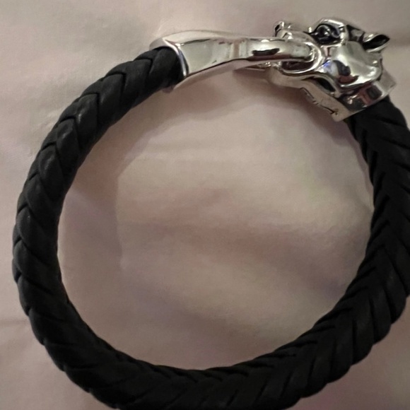 EFFY MEN’S BRACELET WOVEN LEATHER PANTHER BRACELET 925 SILVER TAKE A LOOK - Picture 2 of 9